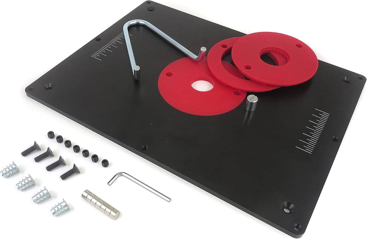 Black router table insert plate with red opening rings and installation hardware
