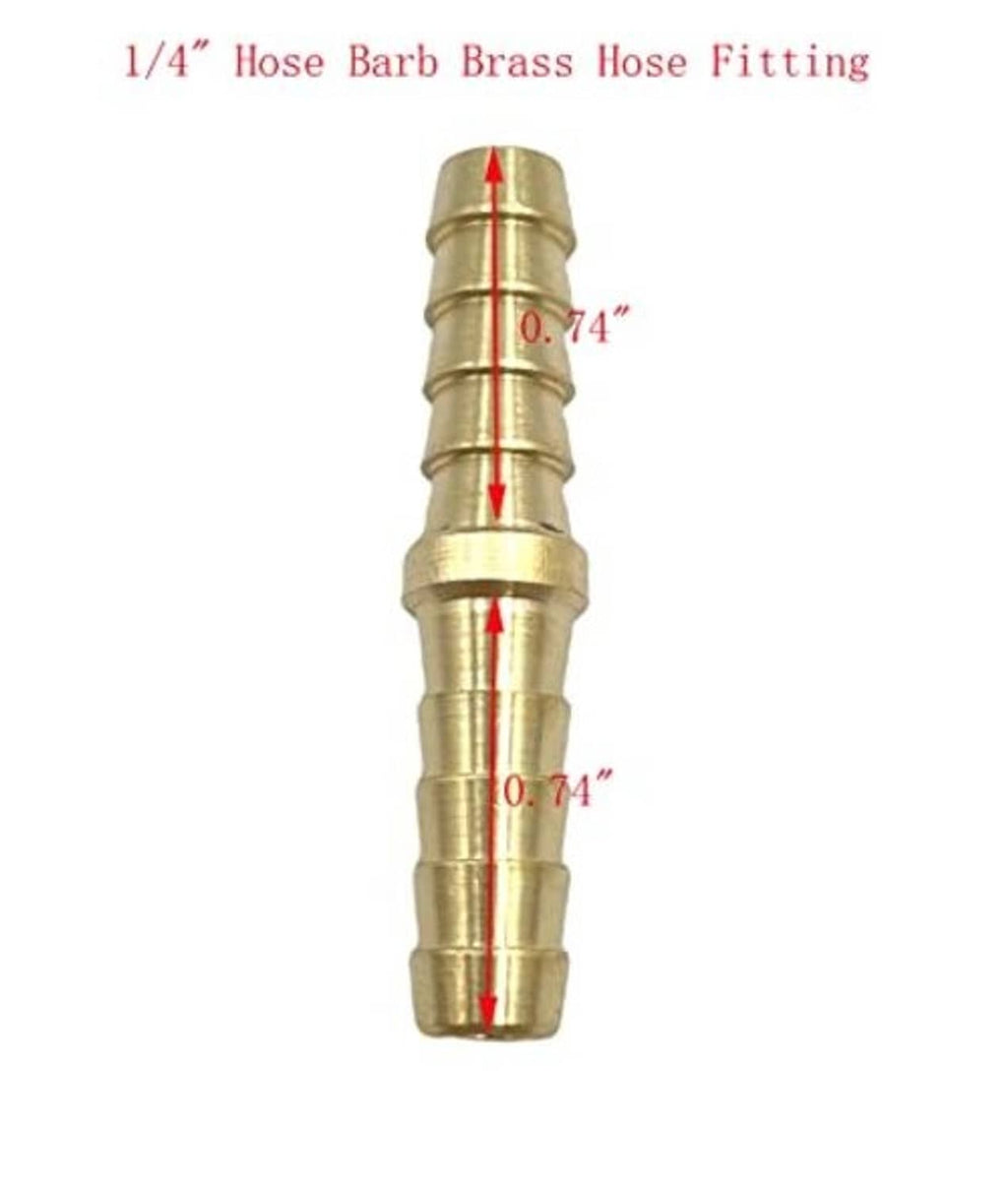 Brass 1/4 in hose barb fitting with barbed end; shows 0.74 in size arrows