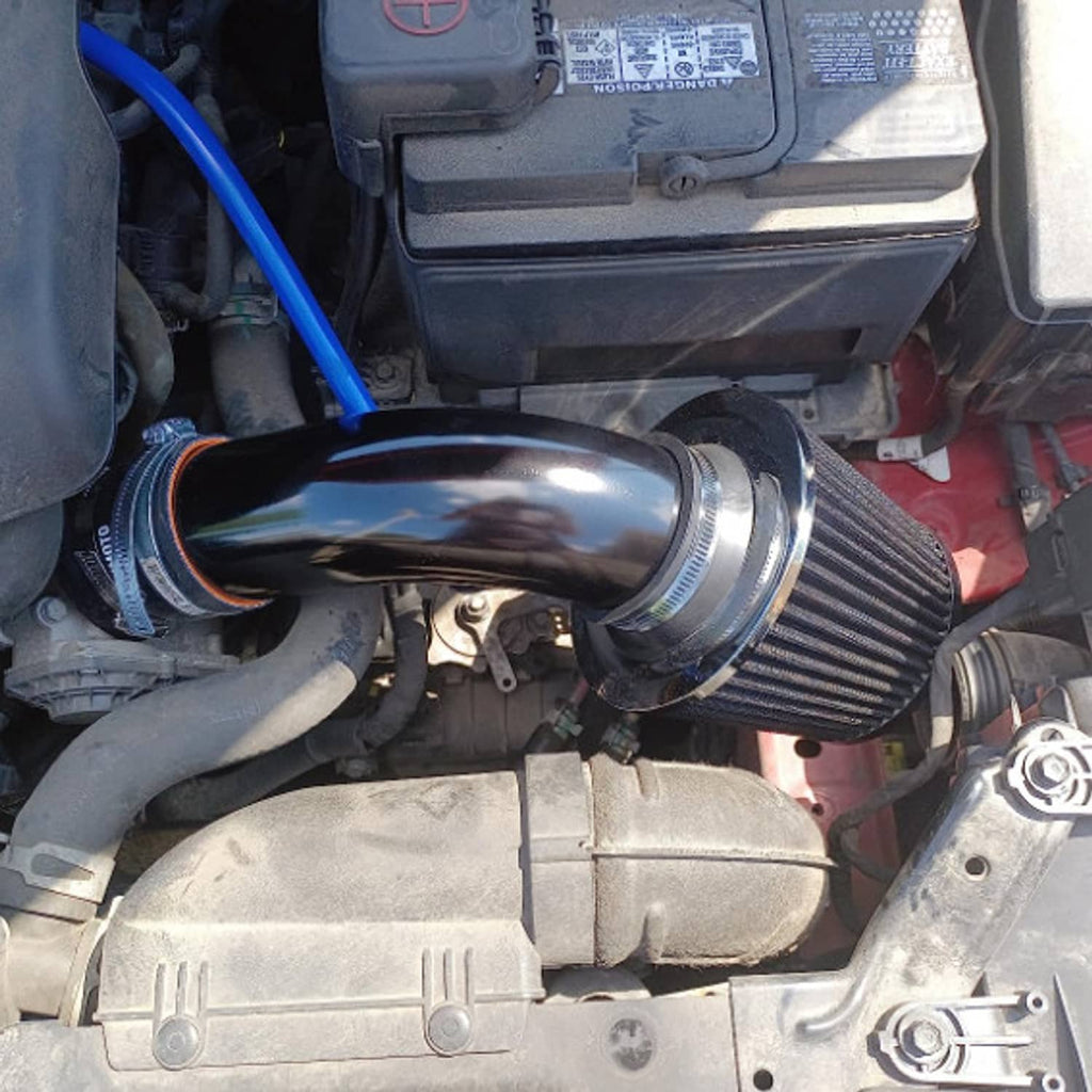 Cold air intake system installed: black intake pipe and cone air filter