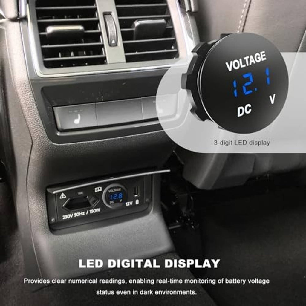 DC voltmeter gauge mounted in vehicle dashboard air vent area, blue 12.1 V LED