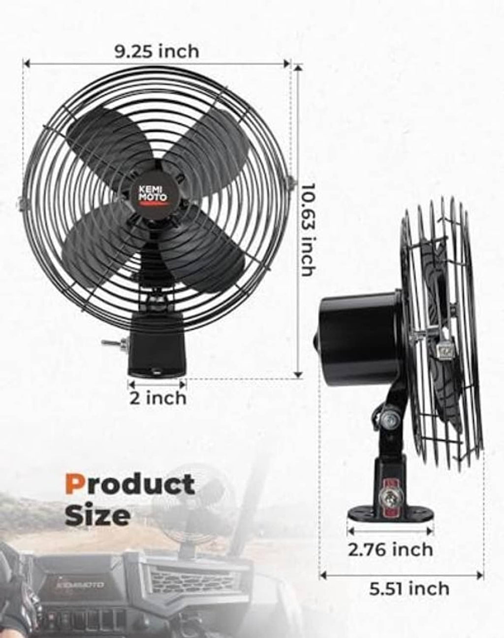 12V cooling fan size: 8-inch diameter, 10.63-inch height; black base dimensions