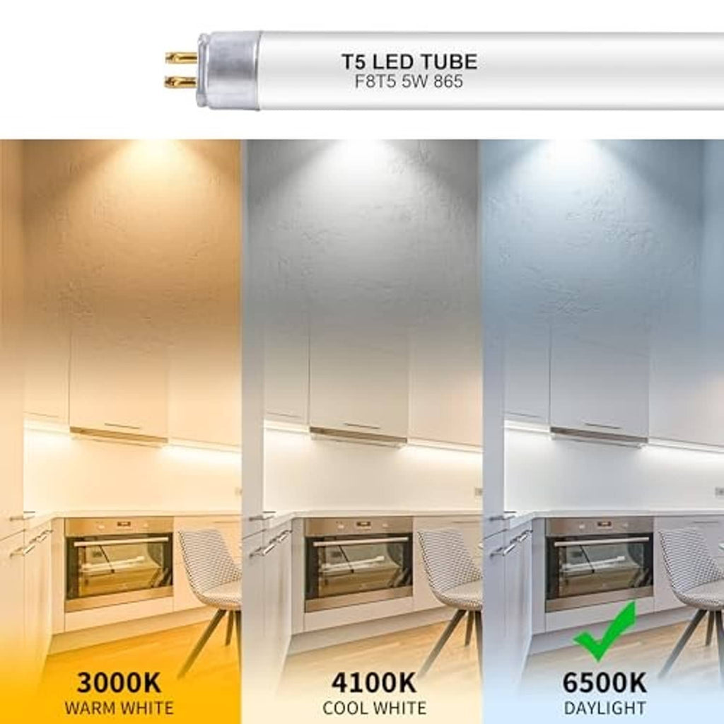 T5 LED tube bulb with gold-pin base, 6500K daylight glow shown