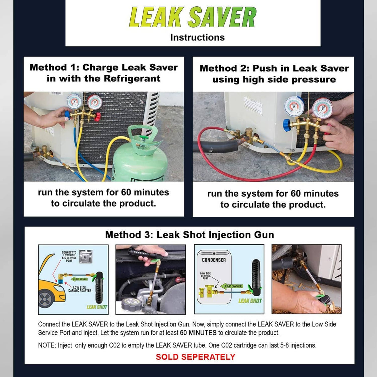 Leak Saver instructions sheet showing direct-injection methods and wiring diagrams