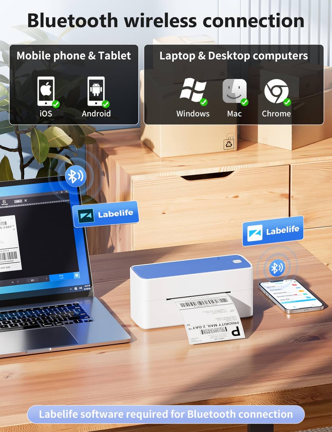 White and blue thermal label printer on a desk with printed label