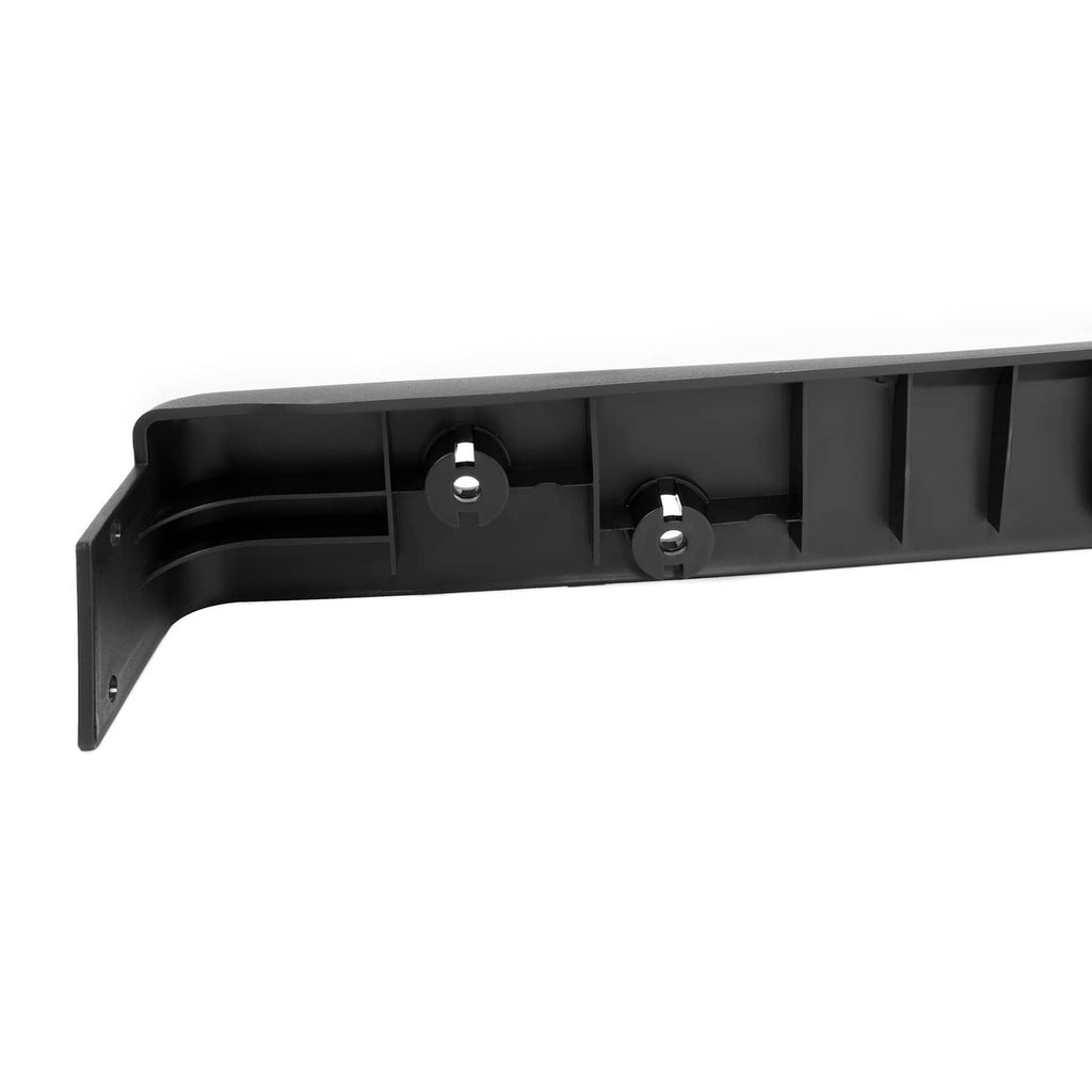 Underside view of black rear bumper showing internal ribs and mounting points