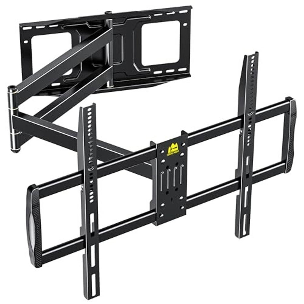 Black full-motion TV wall mount with swivel arms and VESA mounting plate