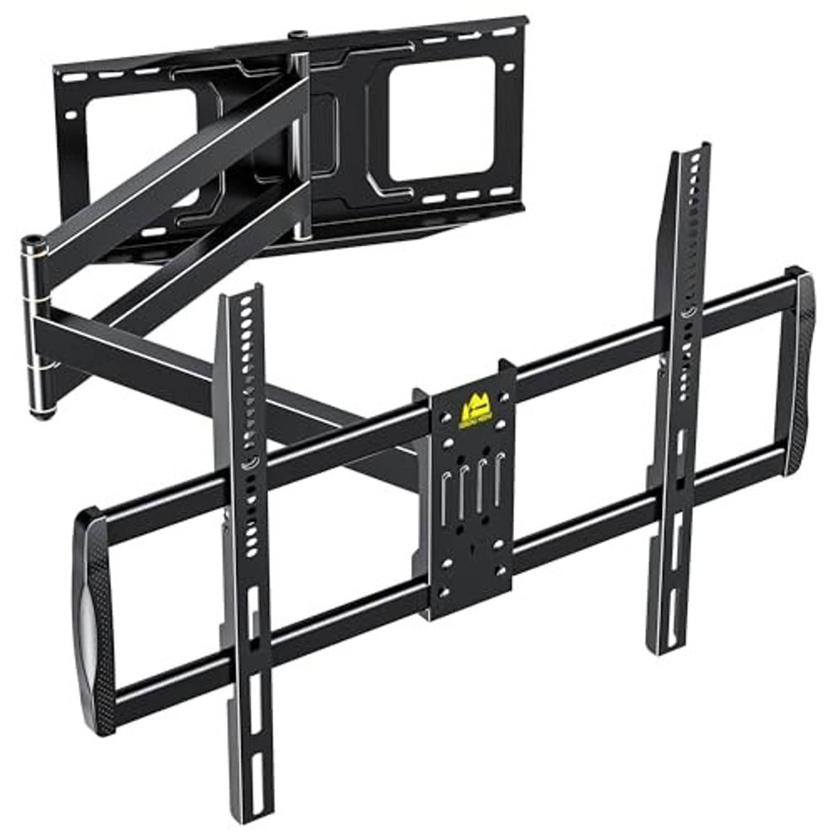 Black full-motion TV wall mount with swivel arms and VESA mounting plate