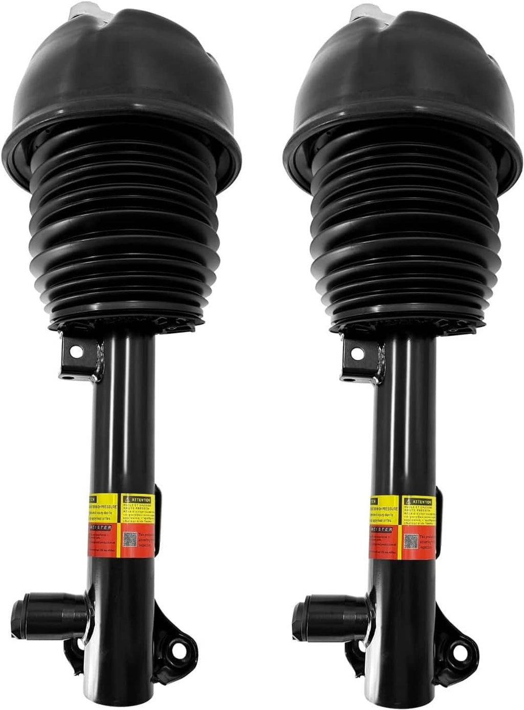 Front air suspension shock strut set with black air spring bellows and piston rod, pair