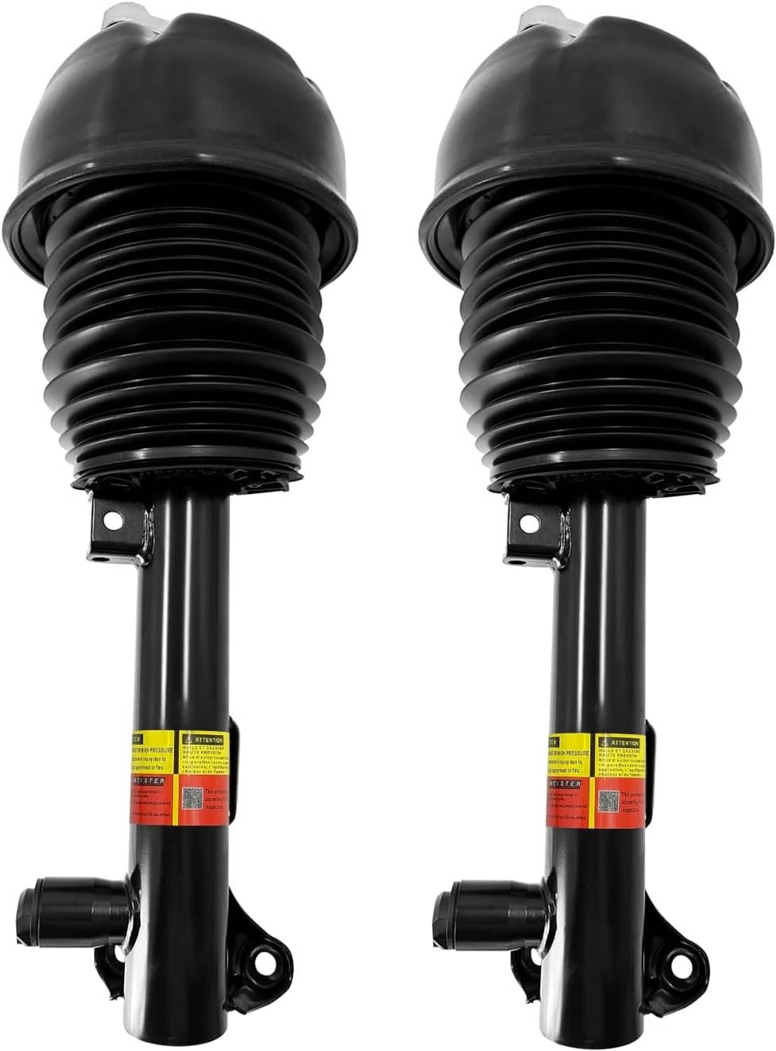 Front air suspension shock strut set with black air spring bellows and piston rod, pair