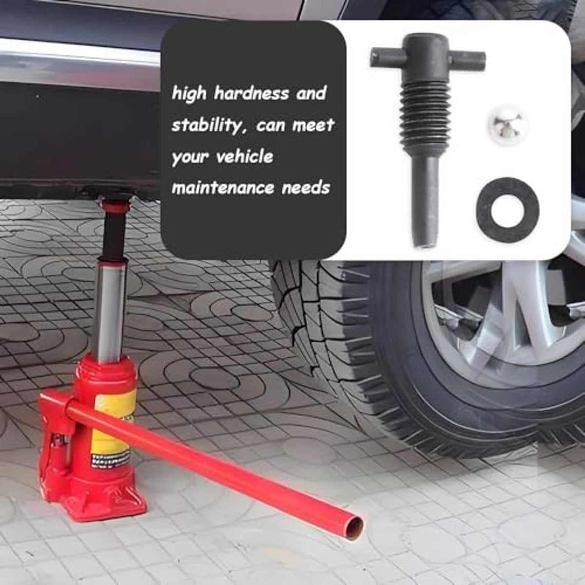 Hydraulic jack oil release valve with washer pieces, shown next to a jack