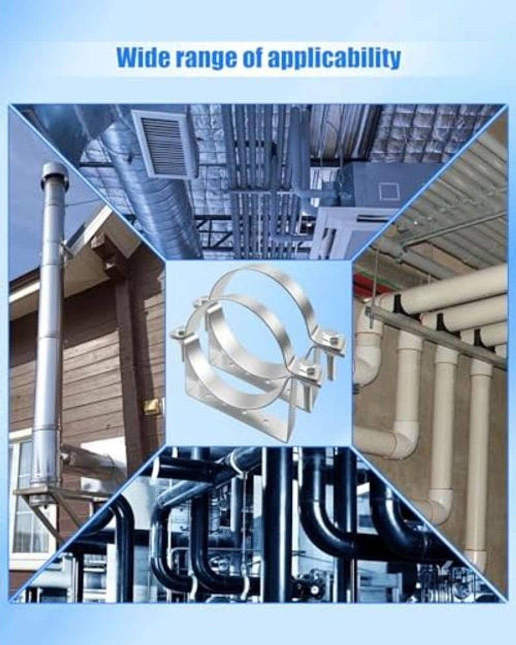 Pipe hanger bracket mounted in an industrial building with metal ducts and pipes