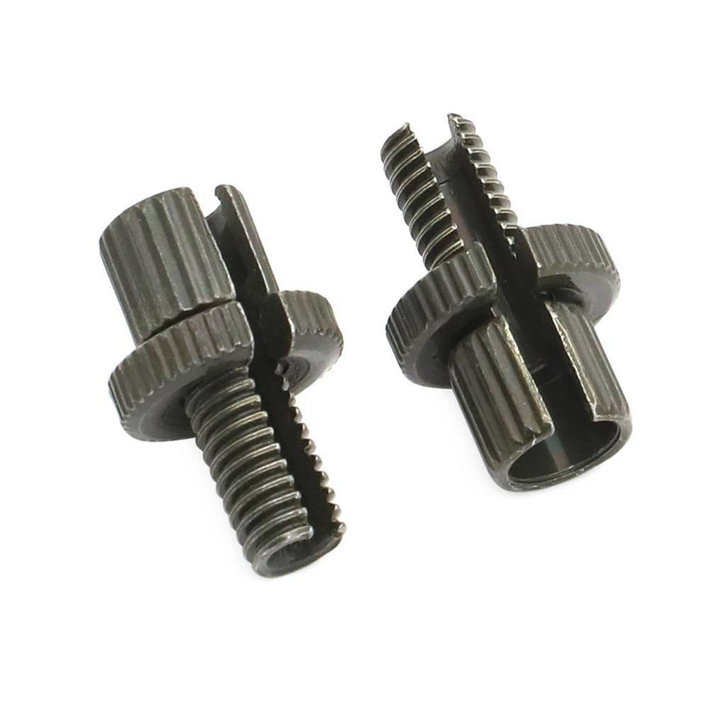 Two cable adjuster bolts with ribbed collars and threaded studs, dark metal