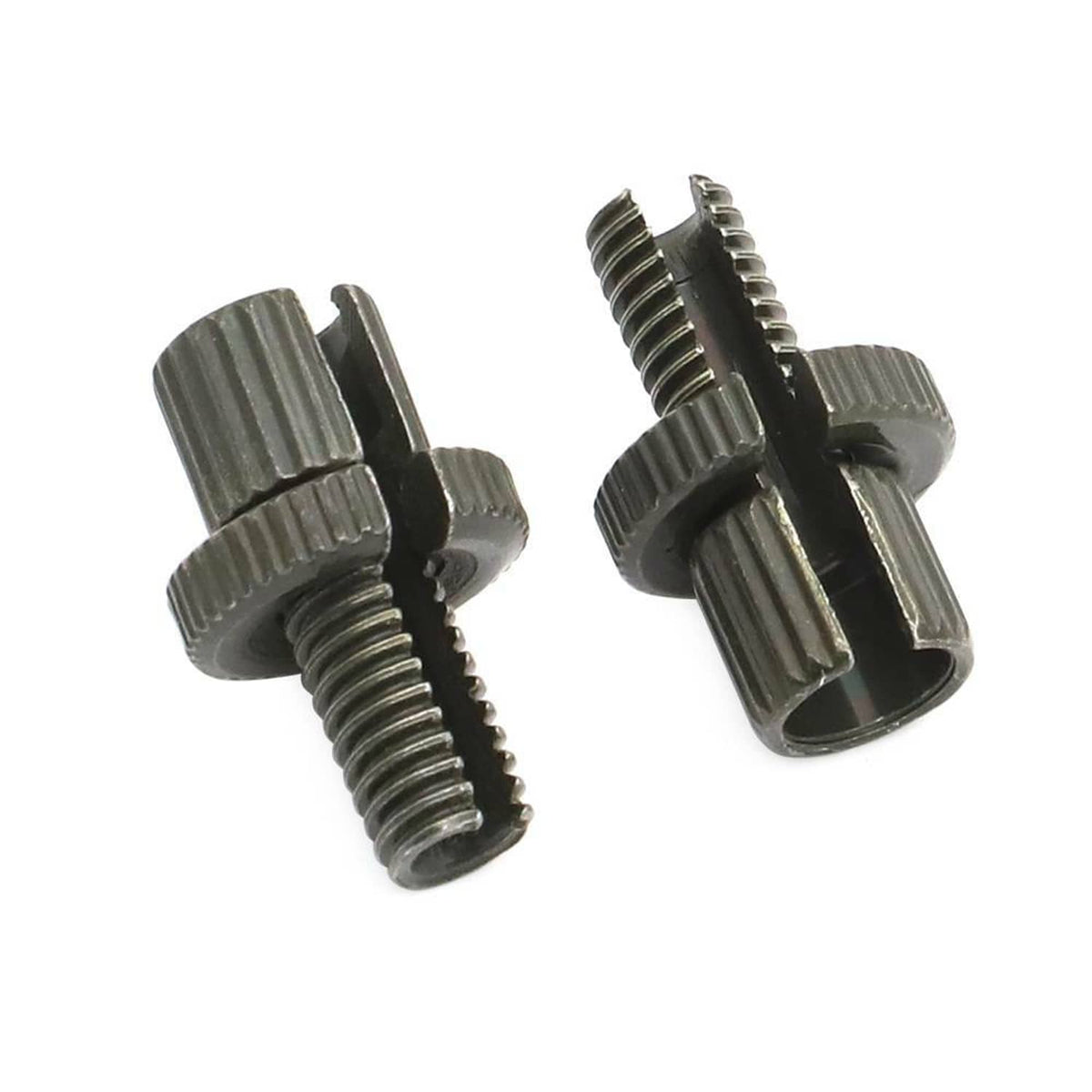 Two cable adjuster bolts with ribbed collars and threaded studs, dark metal