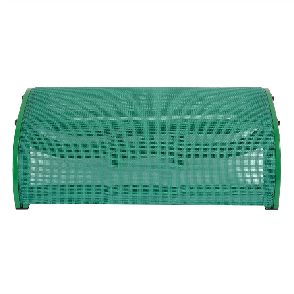 Green cylindrical mesh boat seat with curved ends and metal side supports