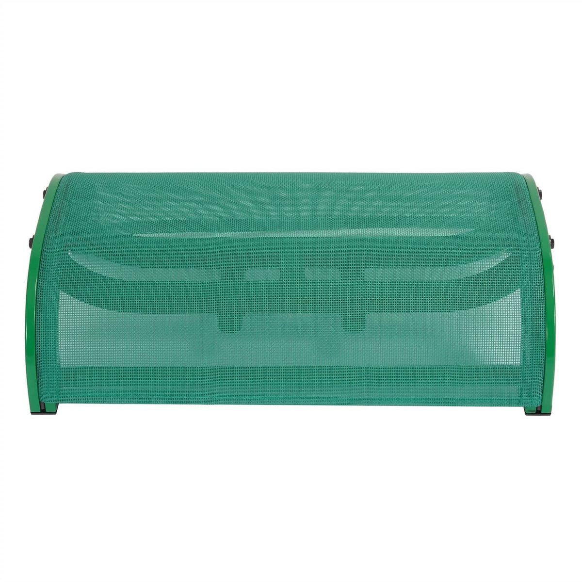 Green cylindrical mesh boat seat with curved ends and metal side supports