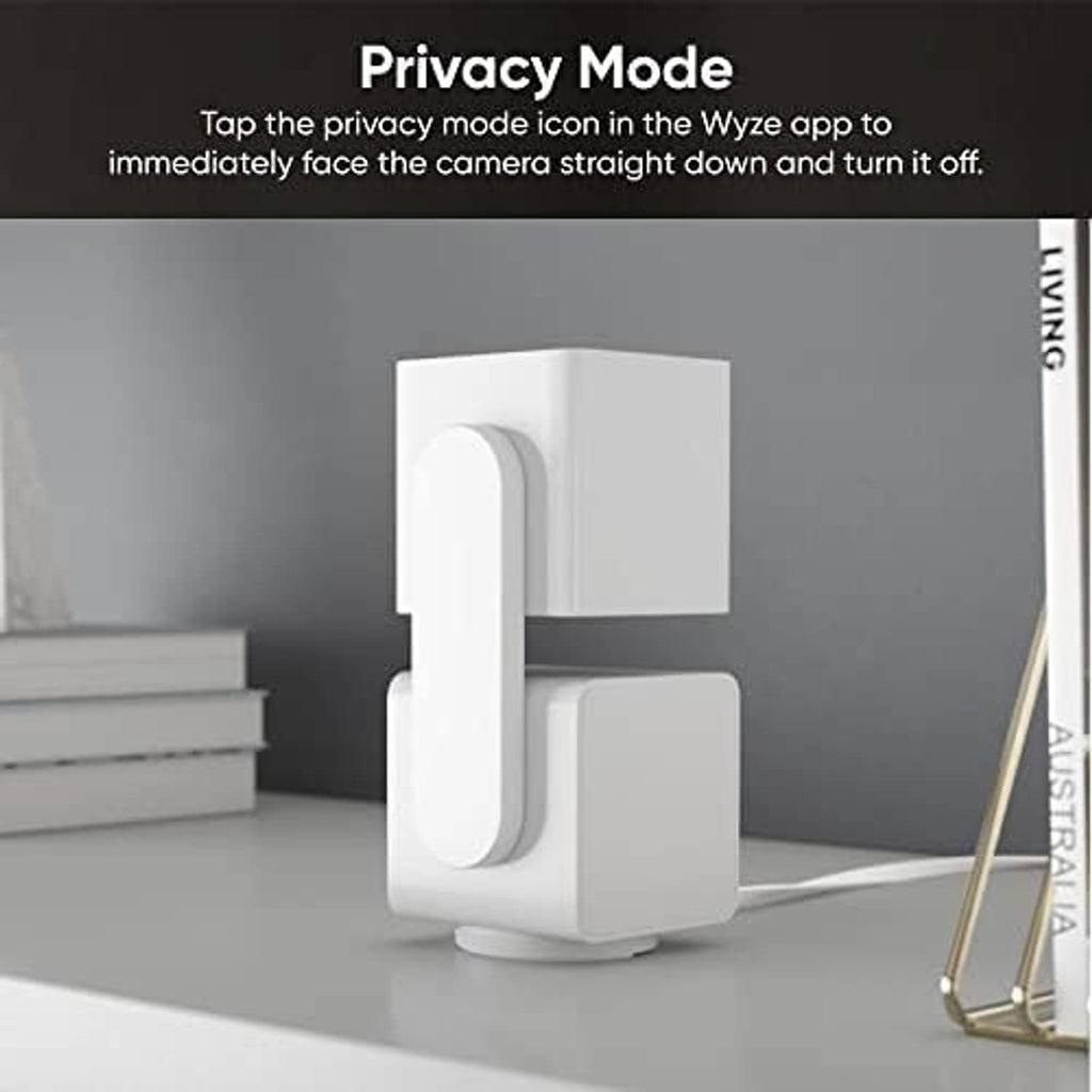 Wyze Cam Pan V3 privacy mode view of white indoor security camera on tabletop