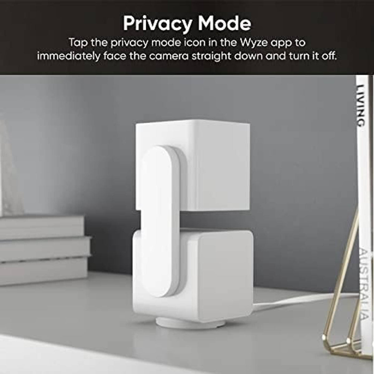 Wyze Cam Pan V3 privacy mode view of white indoor security camera on tabletop