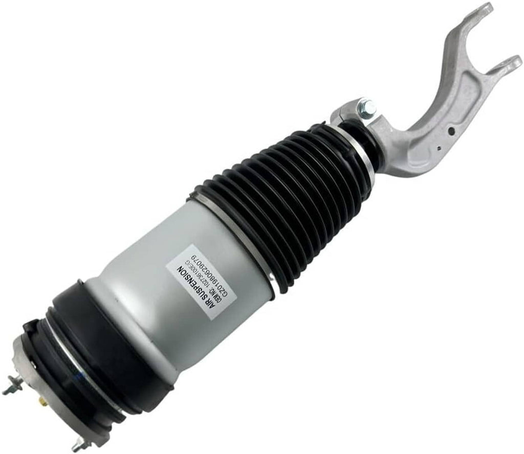 Front air suspension shock strut with silver housing and black rubber air spring