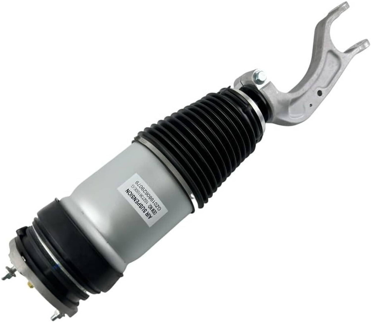 Front air suspension shock strut with silver housing and black rubber air spring