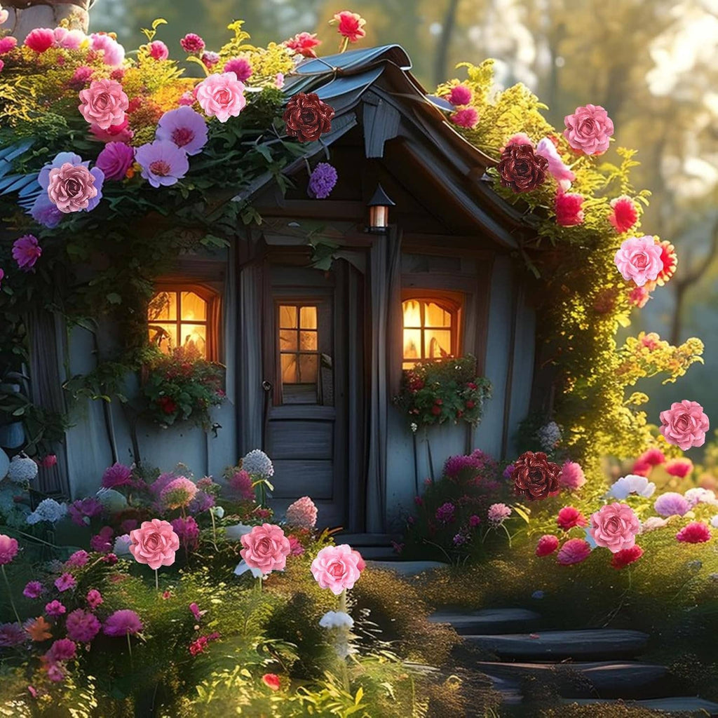Decorative mini peony resin blossoms in pink and dark maroon around a dollhouse door
