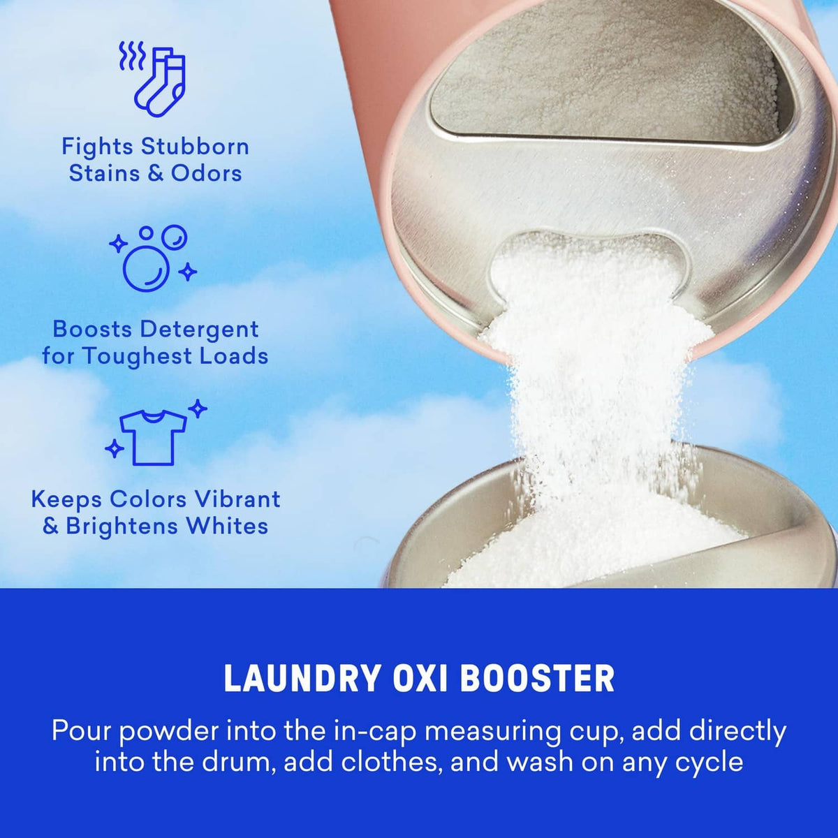 BLUELAND laundry Oxi booster powder being poured into a washer drum