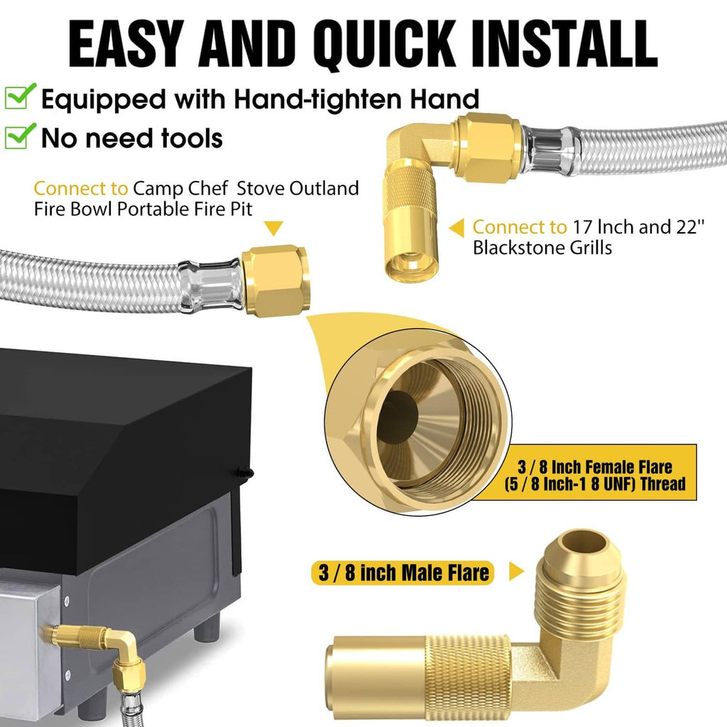 Brass quick-connect propane fitting on silver braided hose with flare-thread adapter