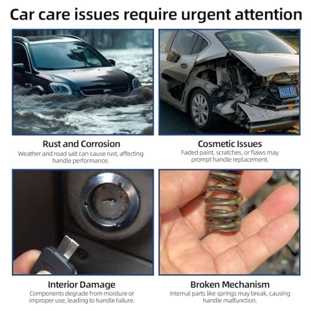 Vehicle door handle issue illustration: corrosion and broken spring causing failure