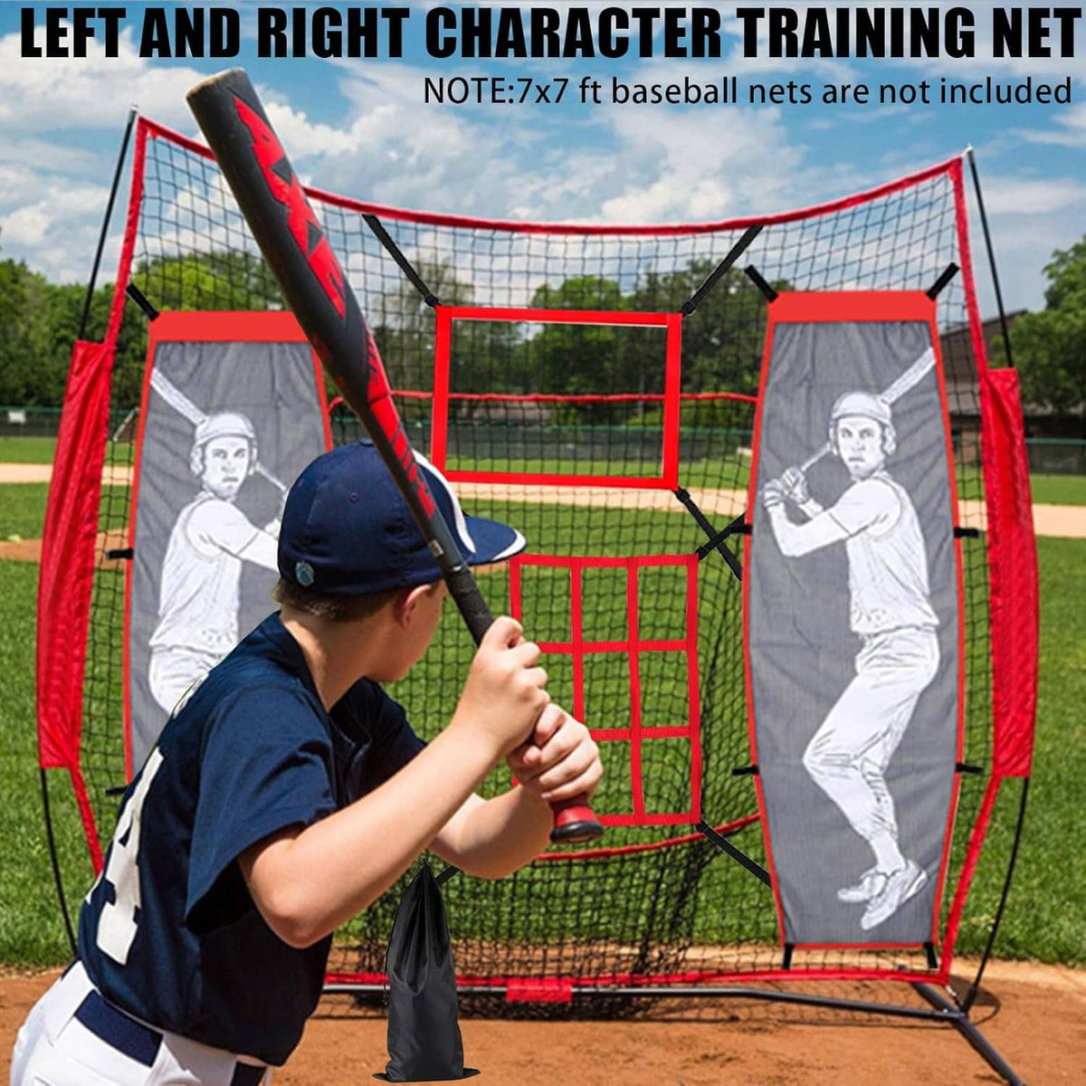Baseball training net with red frame, central target grid, and two gray batter panels