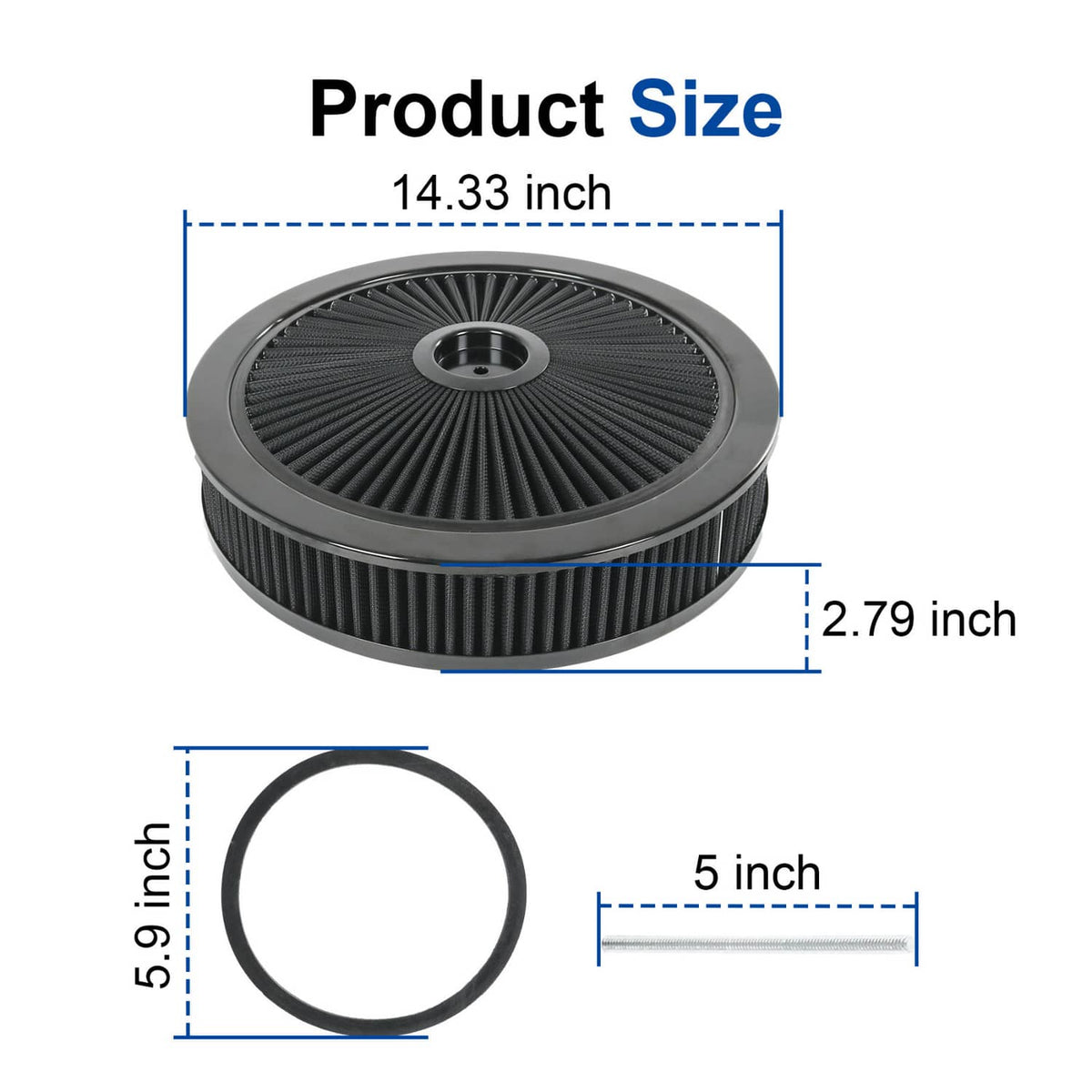Black round air cleaner with size diagram, showing outer ring and center mounting