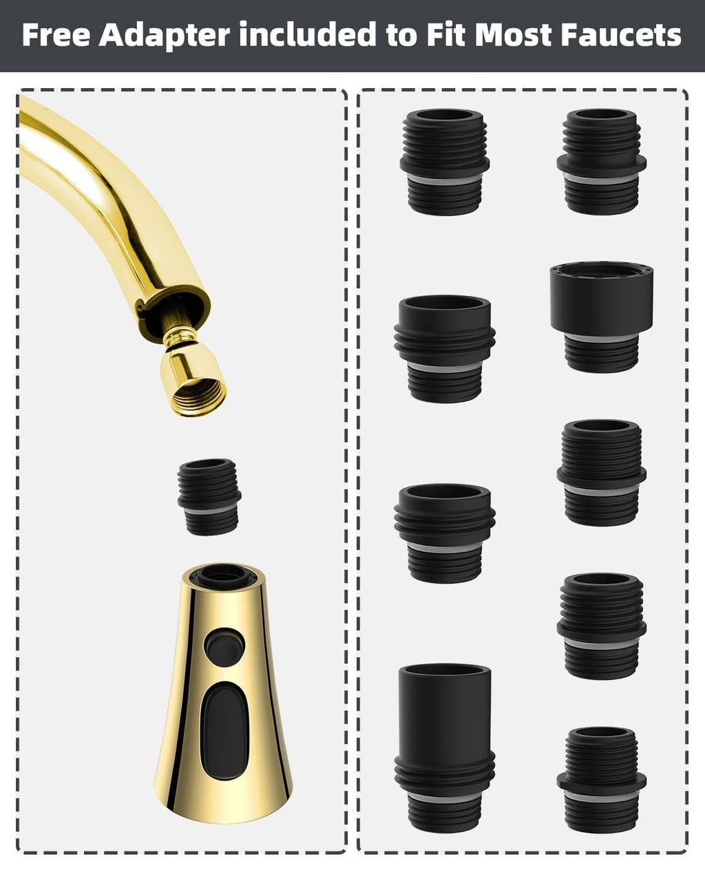 Brass adapter included with multiple threaded black connectors for faucet replacement head