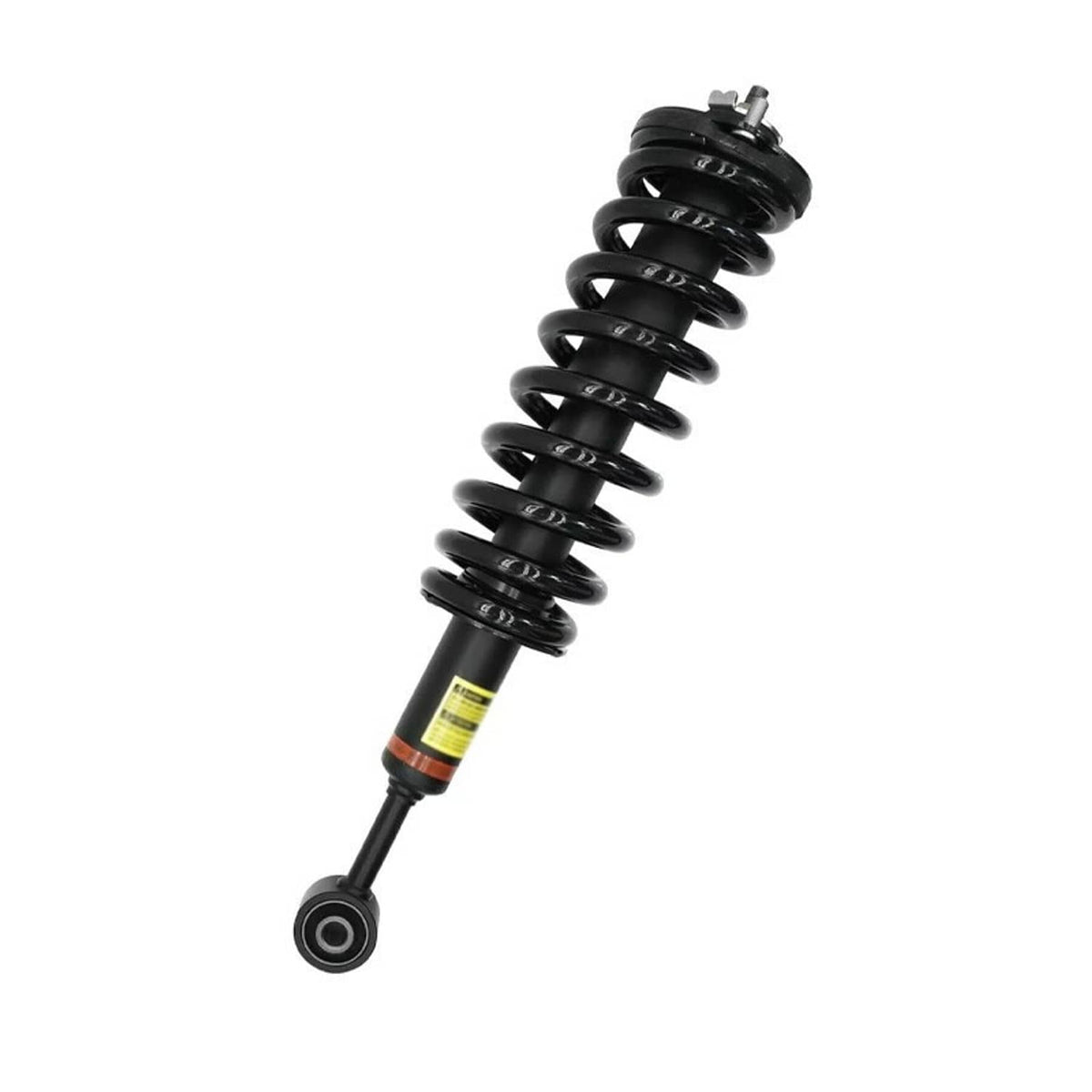 Single front shock strut with black coil spring, label band, and lower bushing
