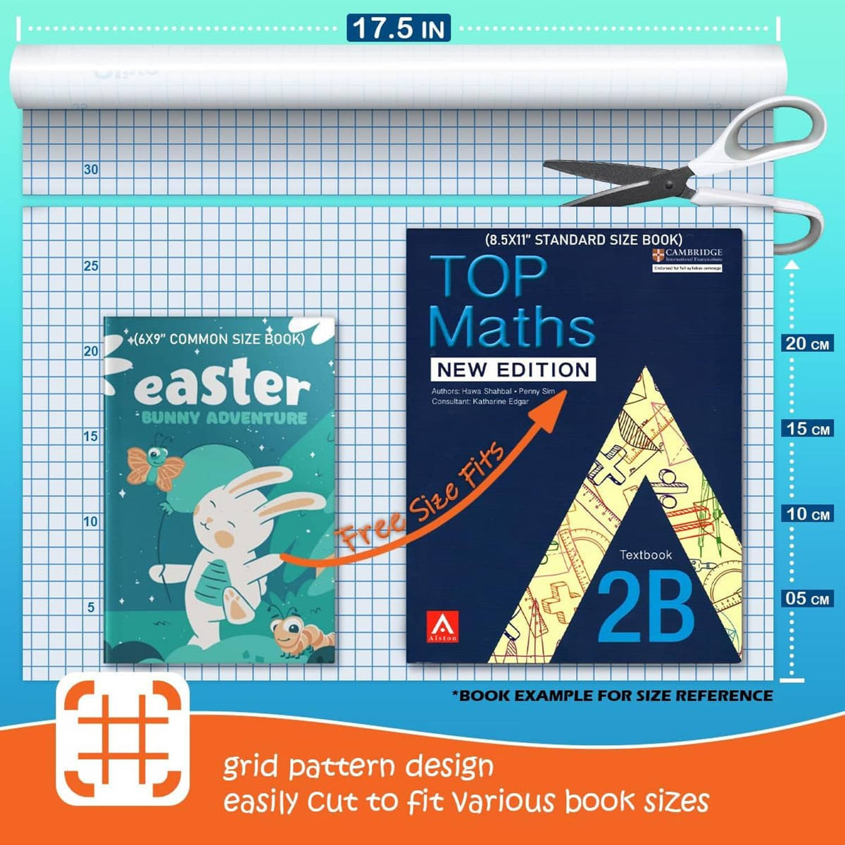 Clear contact paper roll sheet with grid pattern, easily cut to fit book covers
