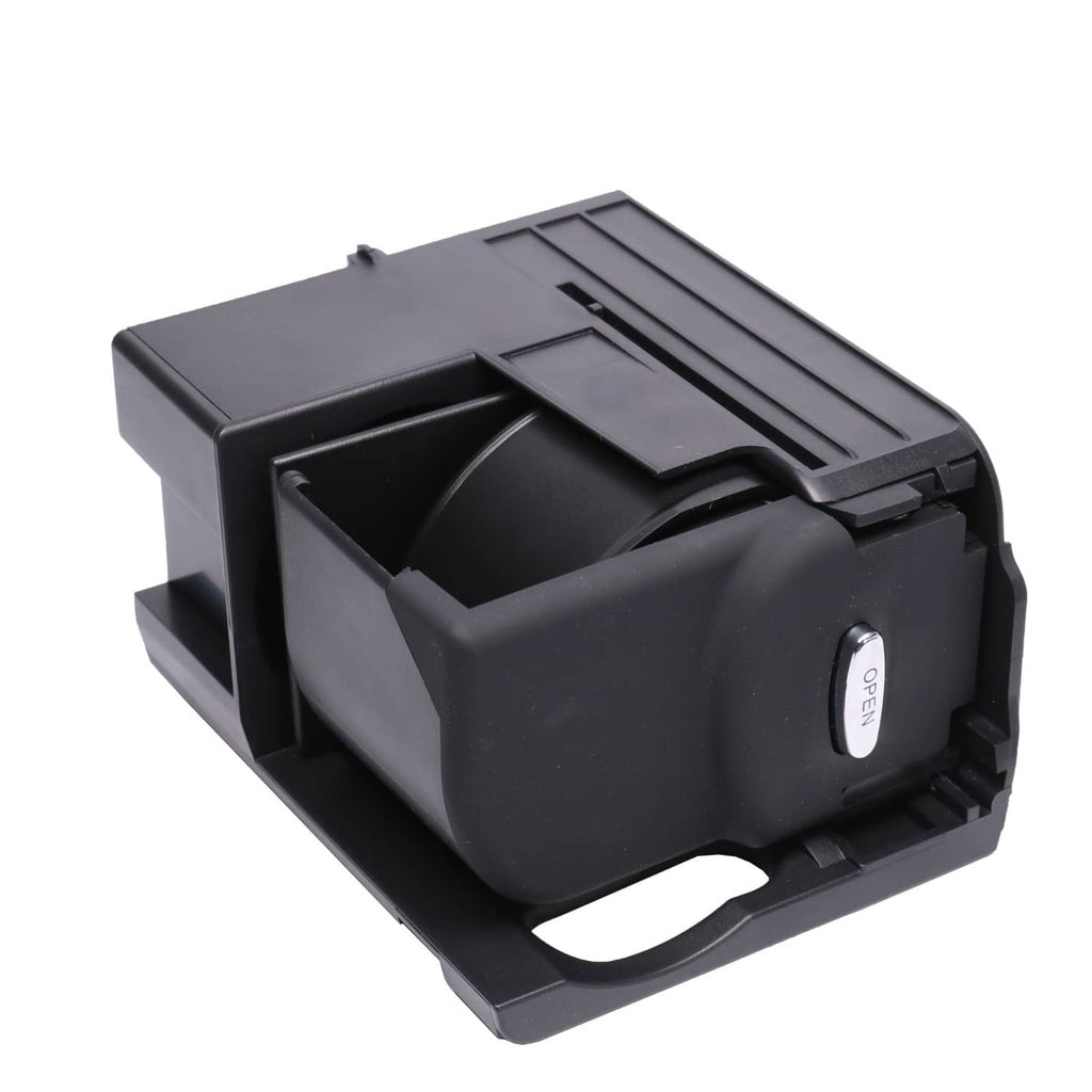 Front retractable cup holder unit with lidded tray and cup opening, black plastic