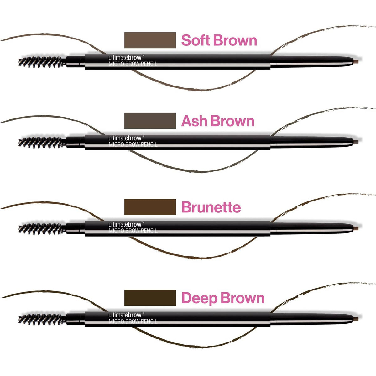 Brow micro pencil shade lineup: Soft Brown, Ash Brown, Brunette, Deep Brown