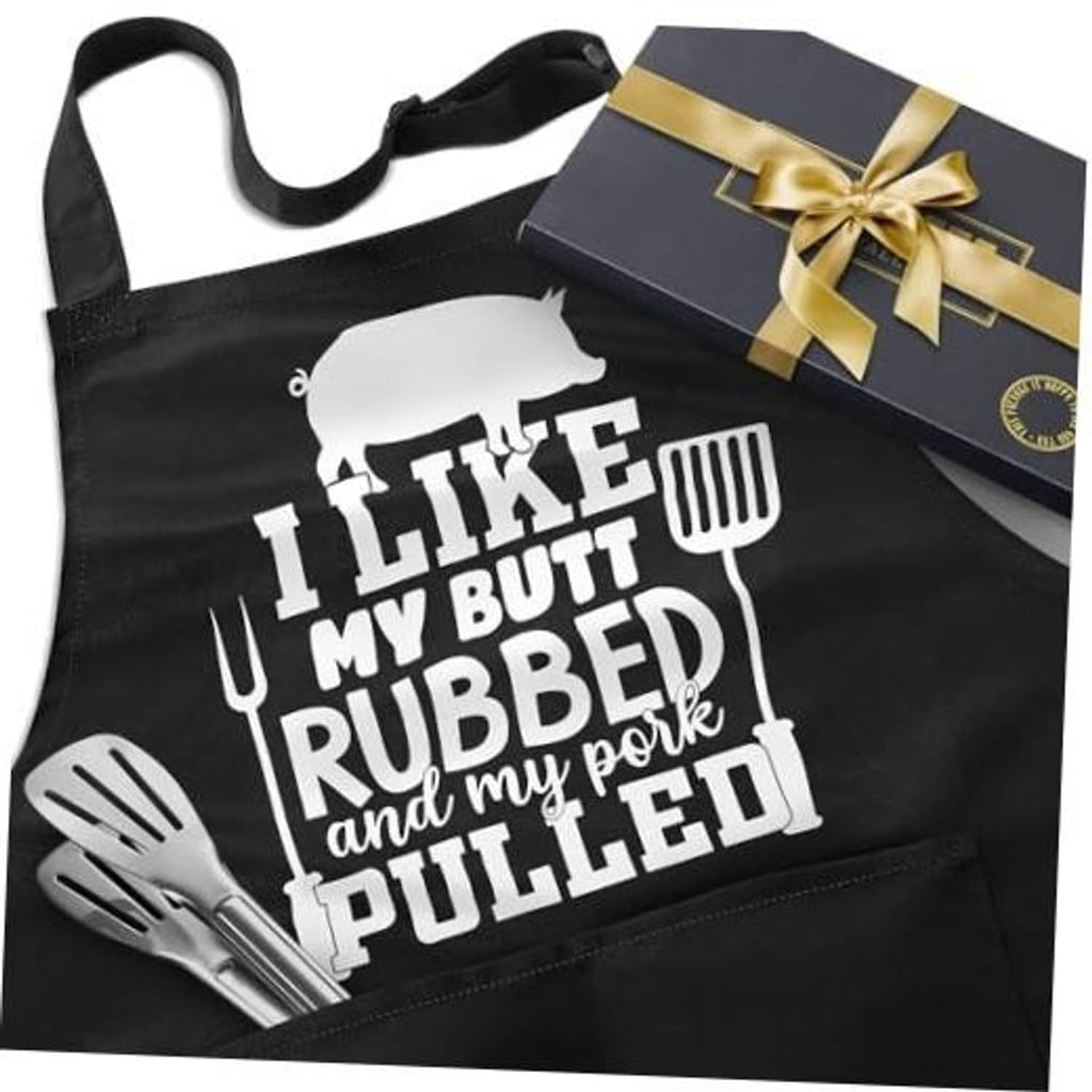 Black chef apron with novelty white print, front pouch pocket and neck strap