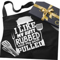 Black chef apron with novelty white print, front pouch pocket and neck strap