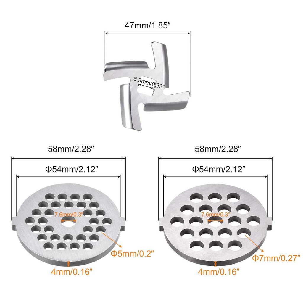 Meat grinder blade and two circular plates with multiple feed holes and measurements
