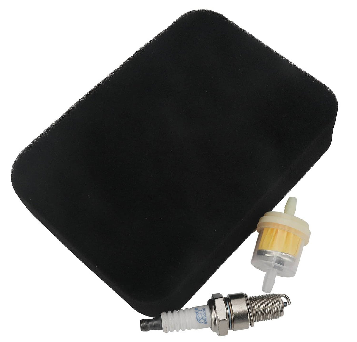 Black foam air filter pad with spark plug and yellow cap, angled view
