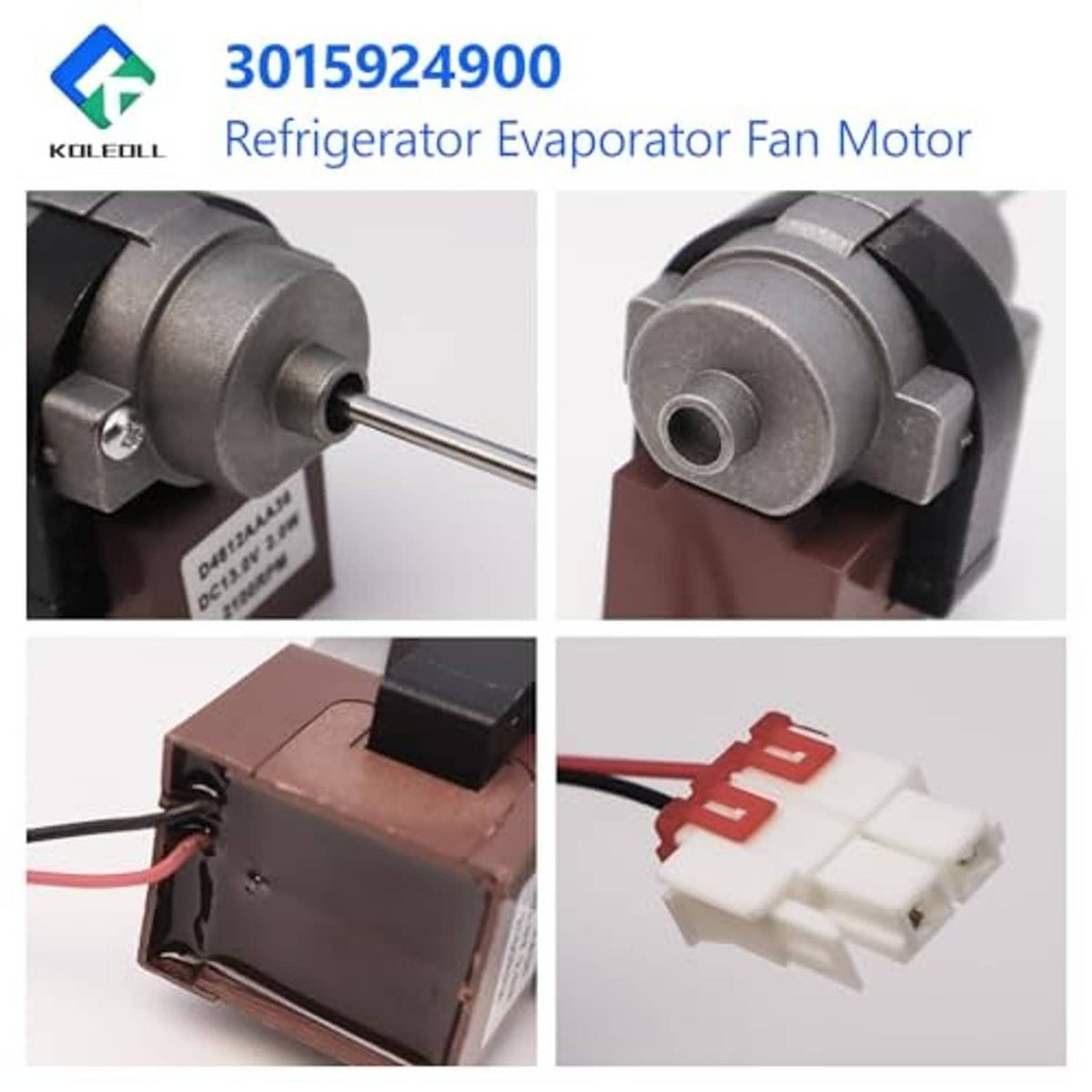 Refrigerator evaporator fan motor close-up: gray housing, metal shaft, wire connectors