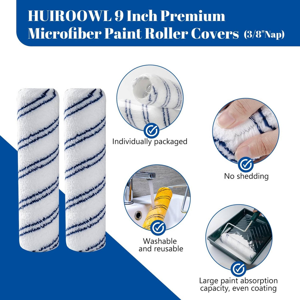 9-inch premium microfiber roller covers, individually packaged set, blue-and-white stripes