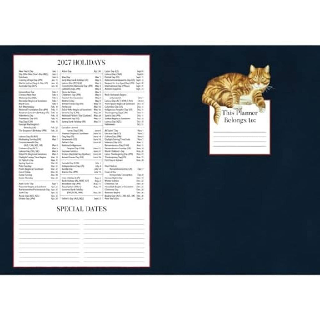 Back cover of Lang 13-month pocket planner with holiday list and cat note card
