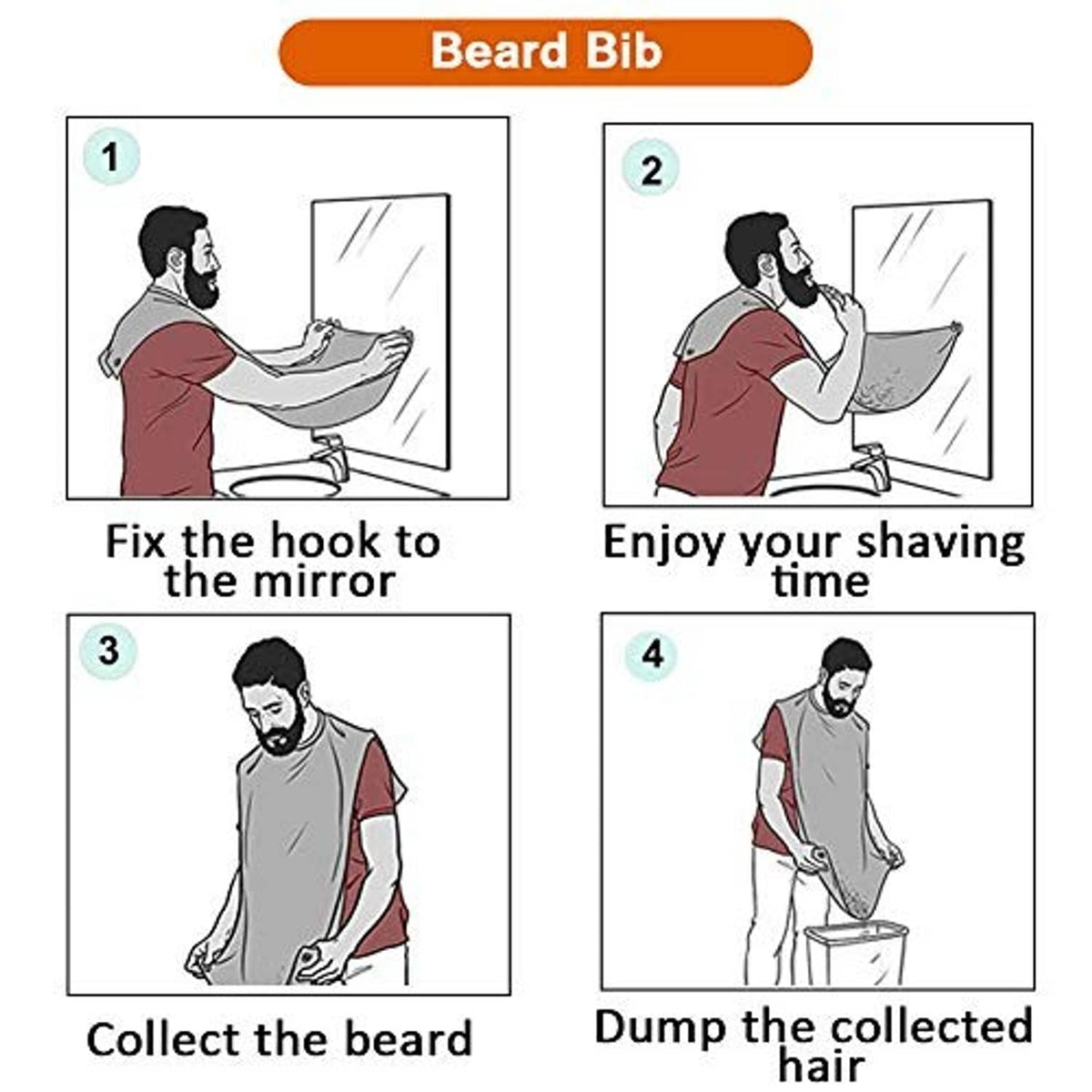 Beard bib instruction diagram showing hook attachment and collecting beard hair