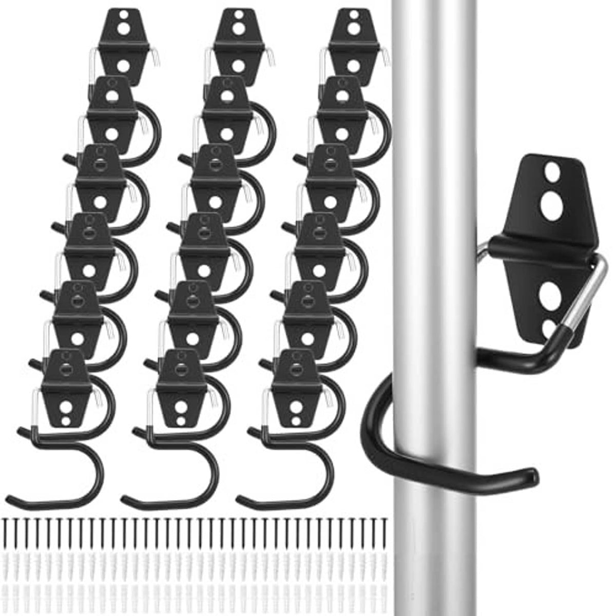 Black rubber-coated metal S hooks broom holders for wall mounting, 18 pack