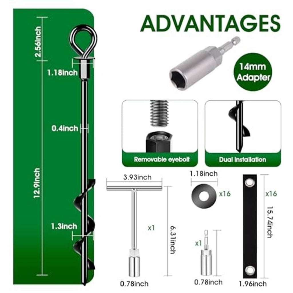 Screw ground anchor with removable eyebolt and 14mm adapter sleeve hardware