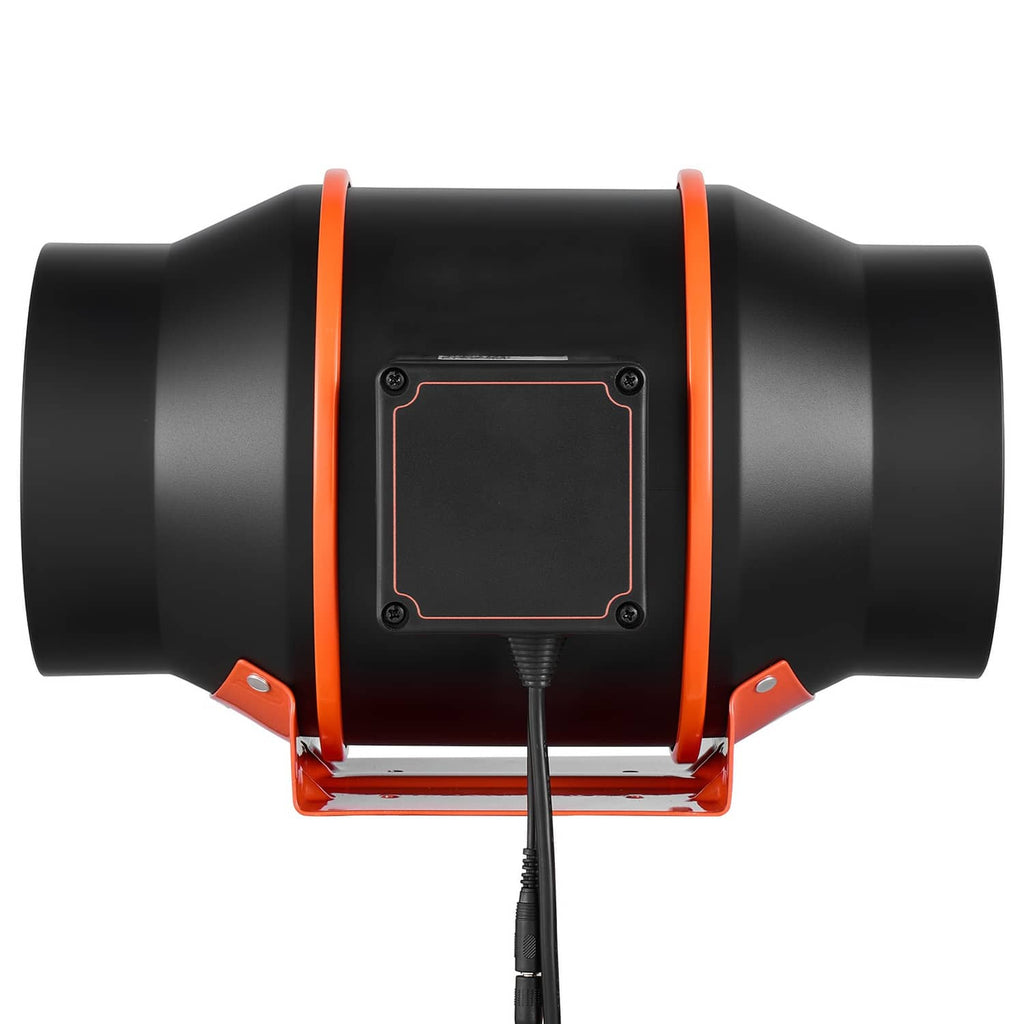 6-inch inline duct fan front view with orange ring and control box, bracket and power cable