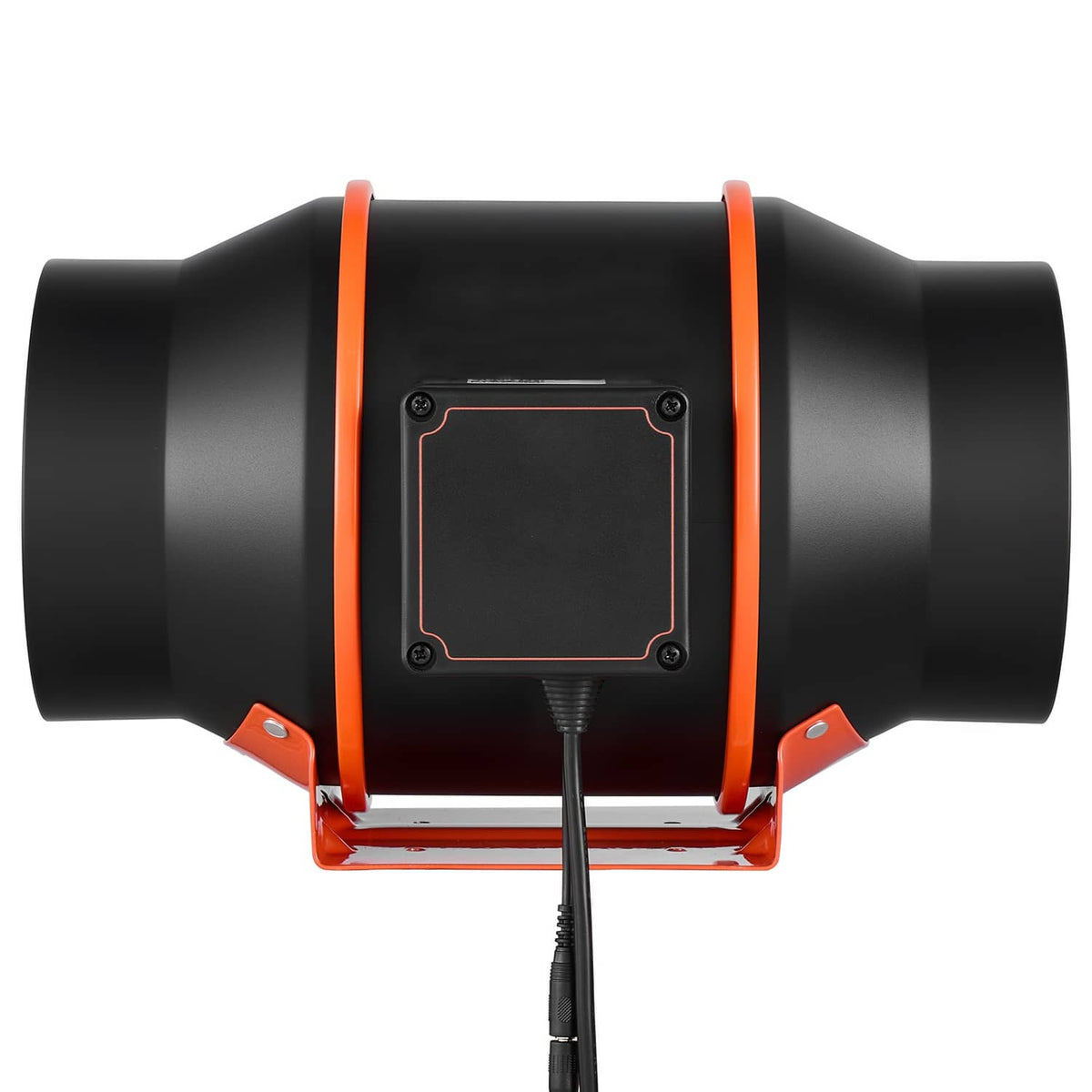 6-inch inline duct fan front view with orange ring and control box, bracket and power cable