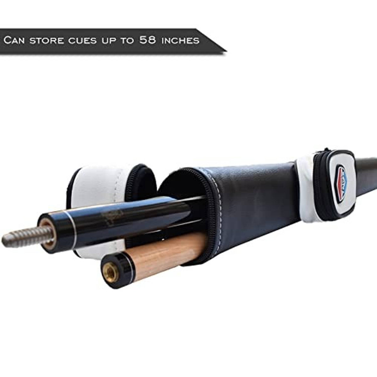 Pool cue case holding cue with wood shaft visible through open ends, navy/black with white bands