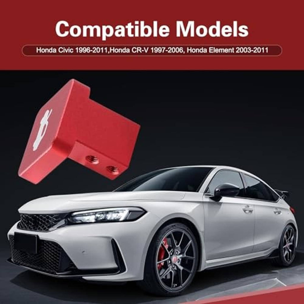 Red aluminum hood latch release handle with two mounting holes beside a car