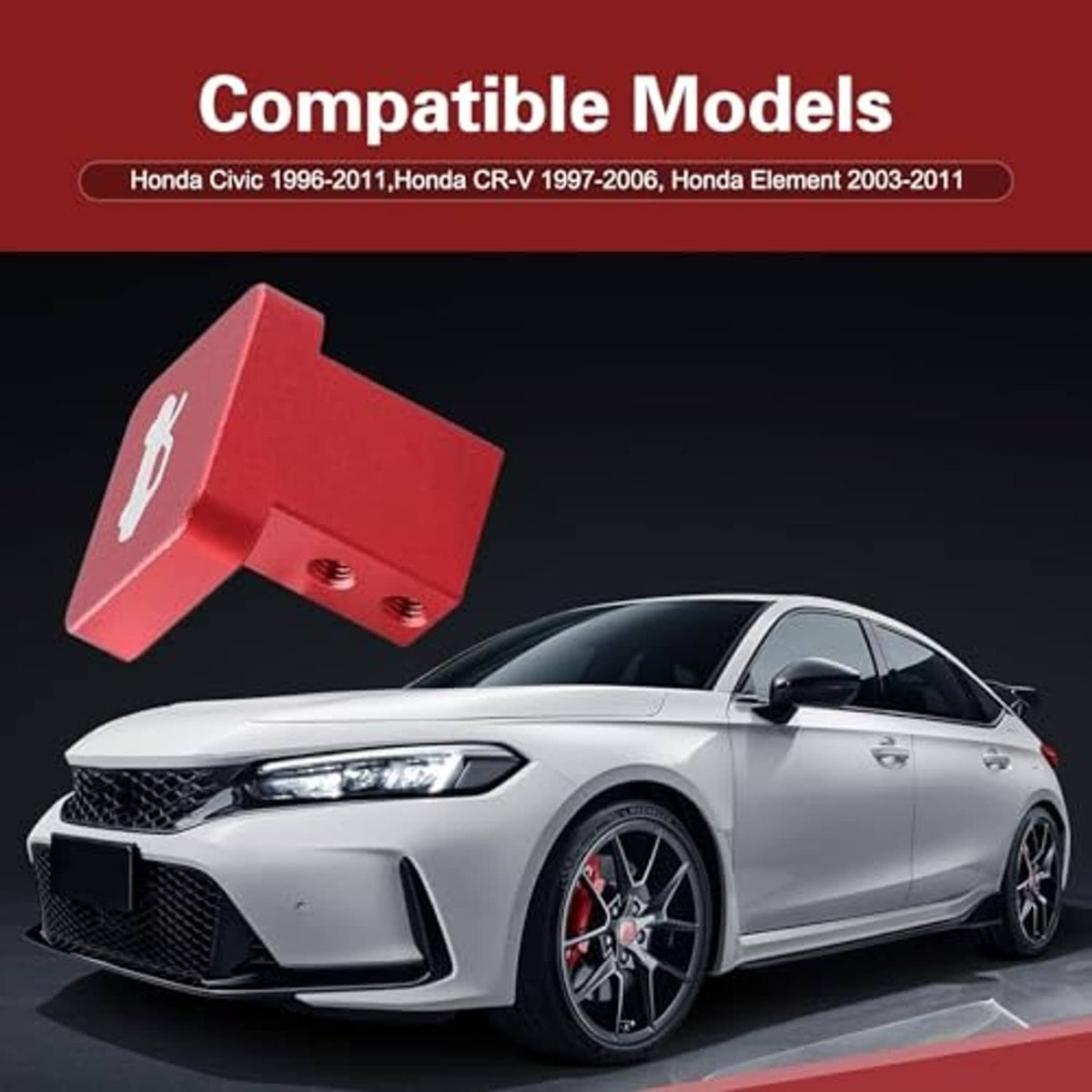 Red aluminum hood latch release handle with two mounting holes beside a car