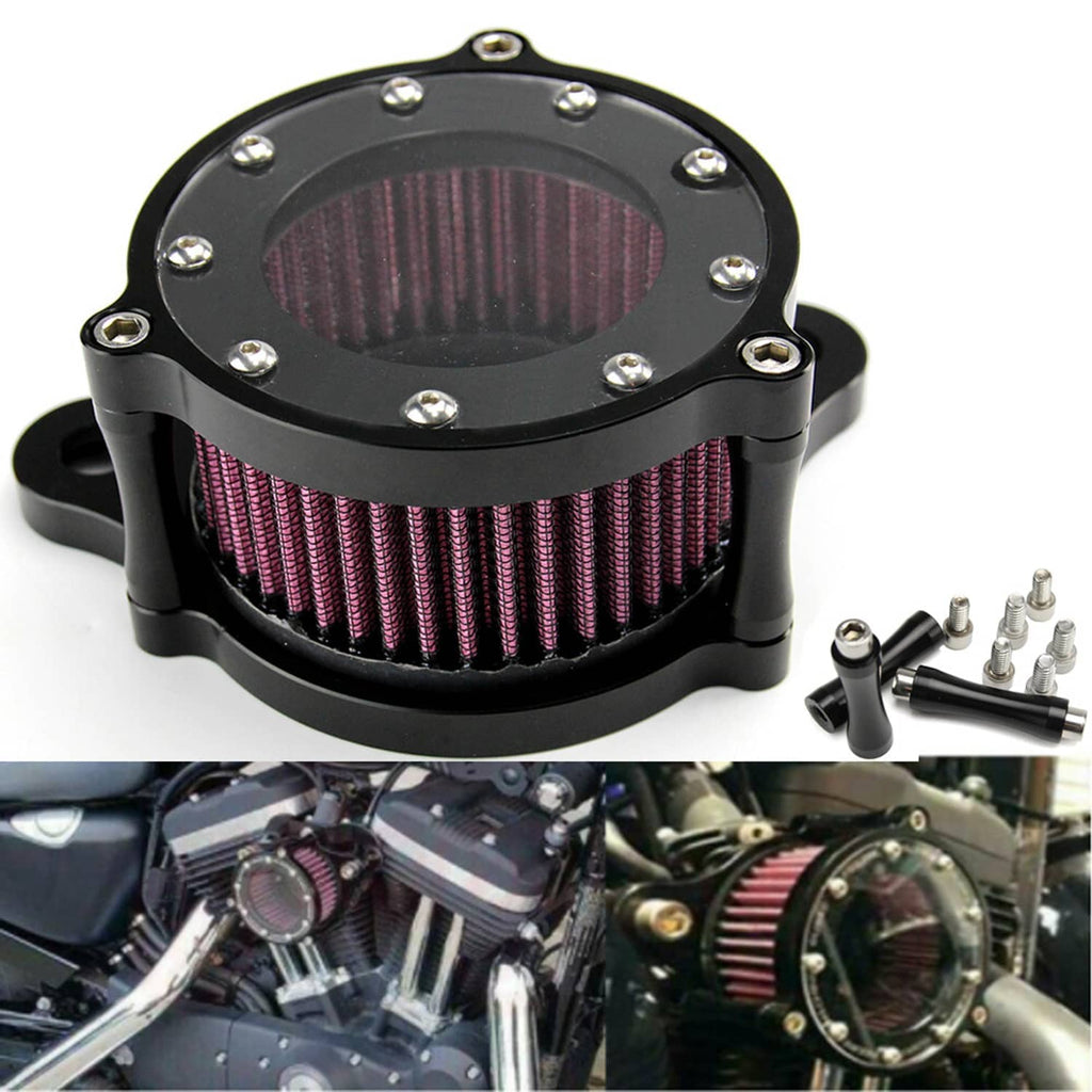 Black air cleaner intake filter assembly with round pleated purple/red filter and hardware